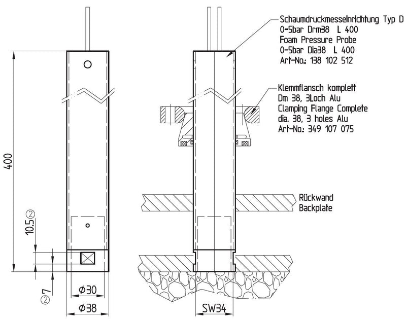 Schaumdruckmesseinrichtung Typ D 0-5bar D38 L 400mm SW34