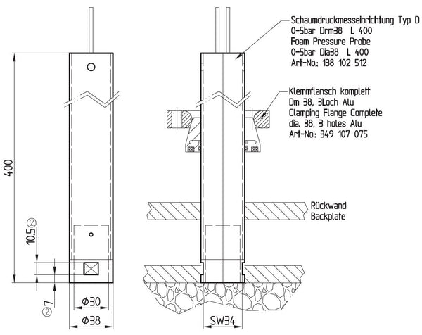 Schaumdruckmesseinrichtung Typ D 0-5bar D38 L 400mm SW34