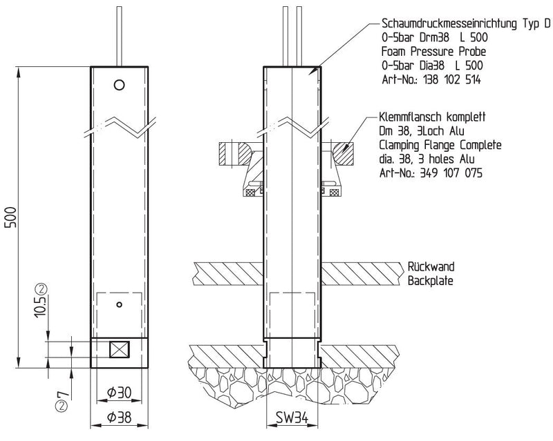 Schaumdruckmesseinrichtung Typ D 0-5bar D38 L 500mm SW34